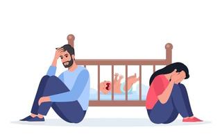 Exhausted parents at the crib with crying baby. Sad woman sitting on the floor, crying and hugging her knees. Tired father with headache. Young parents needs psychological help. Vector illustration.