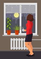 Woman with a cup of coffee stands by the window. Room plants in pots on the windowsill. Blinds on the window, moon and night urban landscape outside the window. Vector illustration in flat style.