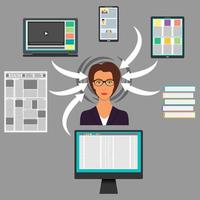 Businesswoman surrounded by gadgets, books and newspaper. Computer, smartphone, tablet, laptop and arrows to the woman s head. Protection from information overload concept. Vector. vector