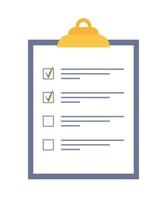 Clipboard with checklist with green check marks and pen. Control list on notepad. Concept of Survey, quiz, to-do list or agreement. Vector illustration in flat style.