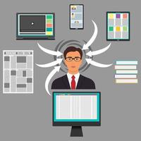 Businessman surrounded by gadgets, books and newspaper. Computer, smartphone, tablet, laptop and arrows to the woman s head. Protection from information overload concept. Vector. vector