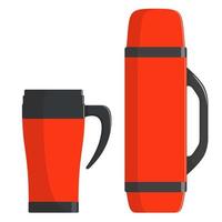 Thermo cup, travel mug, thermos isolated on white background. Modern thermoses for hot drinks, set. Flasks of different shapes. Modern Vector illustration in flat style.