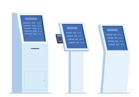 Self-service payment and information electronic terminal with touch screen, set of elements. Vector illustration in flat style.