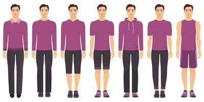 Young man standing in full growth in different clothes, formal, business, everyday, sports. Man in elegant and casual clothes. Basic wardrobe in two colors. Vector illustration, isolated.
