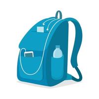 Casual urban style backpack with pockets, smartphone and bottle of water in pockets. Blue backpack in flat style, vector illustration.