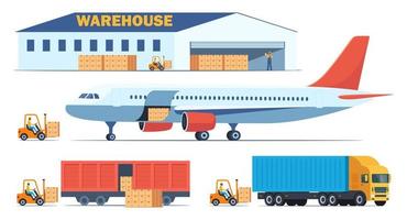 Loading boxes with goods from warehouse into different types of cargo transport. Cargo plane, train, truck and forklift loads cargo into them. Cargo and delivery, set of elements, vector illustration.