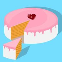 Beautiful cake with cream and cherry and cake slice. Vector illustration in flat style.