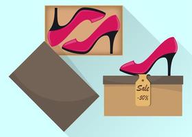 zapatos de tacón alto de mujer moderna y elegante en caja, vista lateral. la etiqueta de precio con un descuento del 50 por ciento. ilustración para una zapatería. ilustración plana vectorial. vector