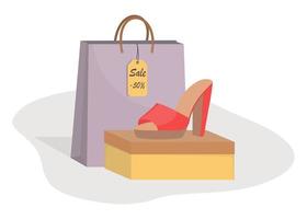 Stylish modern woman s shoes on box, side view, colorful paper bag and price tag with 50 percent discount. Sale in a shoe store. Footwear sale advertising banner. Vector illustration, flat style.