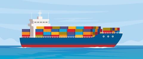 Cargo ship with containers in the ocean. Delivery, transportation, shipping freight transportation. Logistics concept vector illustration.