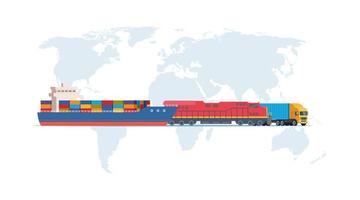 Cargo logistics transportation concept. Cargo ship, train, truck transport on a background of the world map. Import, export . Global freight transportation. Vector illustration.