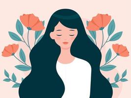 mujer joven con cabello largo en flores vector