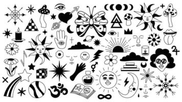 Magic background in retro style with hand drawn elements. Decorative mystical vector isolated pattern. editable stroke stickers. Esoteric element in minimalism. Collection of occult symbols tattoo art