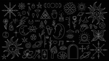 Magic background in retro style with hand drawn elements. Decorative mystical vector isolated pattern. editable stroke stickers. Esoteric element in minimalism. Collection of occult symbols tattoo art