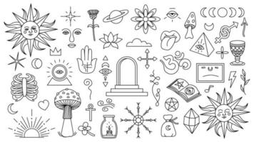 Magic background in retro style with hand drawn elements. Decorative mystical vector isolated pattern. editable stroke stickers. Esoteric element in minimalism. Collection of occult symbols tattoo art