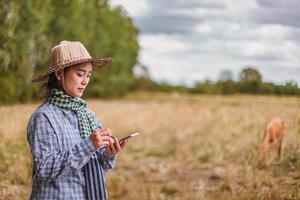 woman farmer using technology mobile in rice field photo