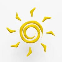 3d plasticine sun isolated on white background. yellow sun cartoon from clay, clay toy icon concept, 3d render illustration photo