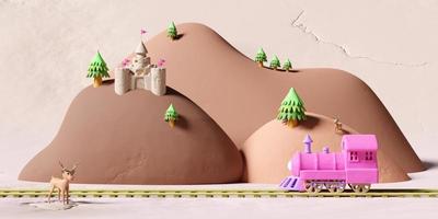 3d locomotive plasticine with railroad tracks, steam train transport clay toy, mountain landscape, castle, towers, fort isolated on grey background. clay toy icon concept, 3d illustration render photo