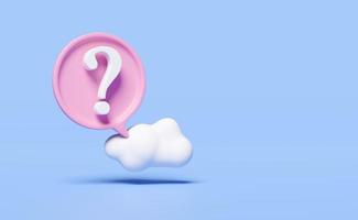 3d white question mark symbol for social media notification icon with cloud, bubble speech isolated on blue background. minimal design concept, 3d render illustration, clipping path photo