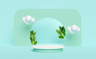 3d white cylinder stage podium empty with palm leaf, cloud, abstract geometric cosmetic showcase pedestal green background. minimal modern scene, 3d render illustration photo
