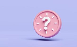 3d cartoon character pink alarm clock wake-up time morning with white question mark symbol isolated on purple background. minimal design, meeting time concept, 3d render illustration, clipping path photo