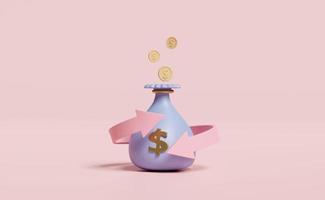 3d money bags dollars with coins isolated on pink background.  transfer arrows, cashback, saving money wealth business, cashback money refund concept, 3d render illustration photo