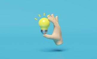 3D Hand holds light bulb isolated on blue background. business idea tip concept, minimal abstract, 3d render illustration photo