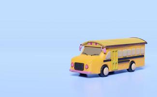 3d plasticine yellow school bus cartoon sign icon, vehicle for transporting students clay isolated on blue background. back to school, 3d render illustration, clipping path photo