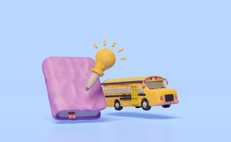 3d textbook plasticine, close book with school bus, light bulb, pencil clay isolated on blue. idea tip education, knowledge creates ideas, clay toy icon concept, 3d render illustration, clipping path photo