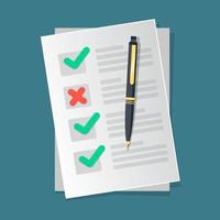 Checklist concept. Verification of the correctness of a document or work. A piece of paper with a checkmark,  cross, and a pen. Level test, Quiz. Vector illustration