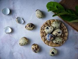 Quail eggs from quail, a collection of quail eggs on a wooden plate against a white wall background photo