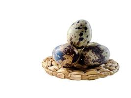 Quail eggs from quail, a collection of quail eggs on a wooden plate with isolated white background photo