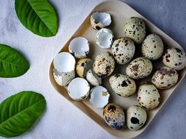 Quail eggs from quail, a collection of quail eggs on a wooden plate against a white wall background photo