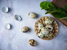 Quail eggs from quail, a collection of quail eggs on a wooden plate against a white wall background photo