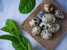 Quail eggs from quail, a collection of quail eggs on a wooden plate against a white wall background photo