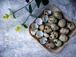 Quail eggs from quail, a collection of quail eggs on a wooden plate with a white feather blanket background photo