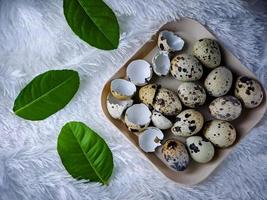 Quail eggs from quail, a collection of quail eggs on a wooden plate with a white feather blanket background photo