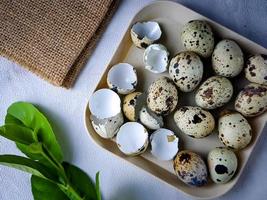 Quail eggs from quail, a collection of quail eggs on a wooden plate against a white wall background photo