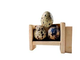 Quail eggs from quail, a collection of quail eggs on a wooden plate with isolated white background photo