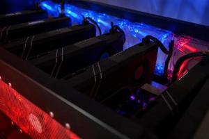 Close-up equipment for mining crypto-bitcoin, ether. Video cards, motherboards photo