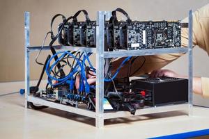 Close-up equipment for mining crypto-bitcoin, ether. Video cards, motherboards photo