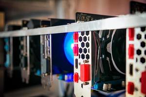 Close-up equipment for mining crypto-bitcoin, ether. Video cards, motherboards photo