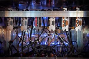 Close-up equipment for mining crypto-bitcoin, ether. Video cards, motherboards photo