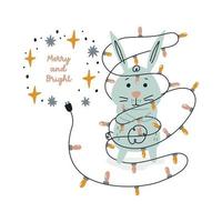 Cute Rabbit in a Christmas garland. Doodle bunny with minimalist modern happy holiday. Flat vector illustration