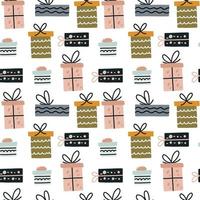 envoltura de regalo de patrones sin fisuras. paquete de caja sorpresa de garabato con fondo de papel tapiz de cinta. diseño de telas textiles para niños vector