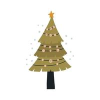 Cute green Christmas tree with garland on white background vector