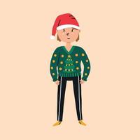 Boy in ugly Christmas sweater. Vector clipart on isolated background