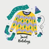 suéteres feos estampados de fiesta con ropa de lana y letras de saludo dulces fiestas. elemento de diseño para tarjetas de felicitación, pancartas, volantes y camisetas. ilustración vectorial vector