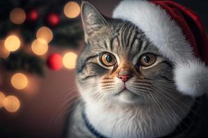 cat with santa claus hat with christmas lights bokeh photo