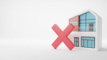 3D render. Modern House with wrong mark icon isolated on white background. Home and close, delete, remove symbol. copy space. photo